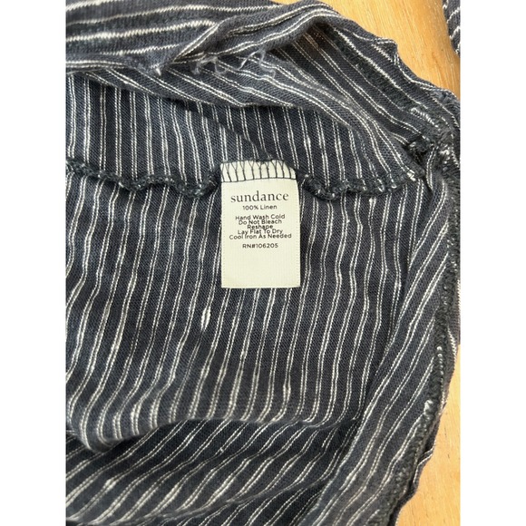 Sundance Womens Large Linen Striped V-Neck Top Navy Blue Crochet Trim Coastal - Picture 8 of 8